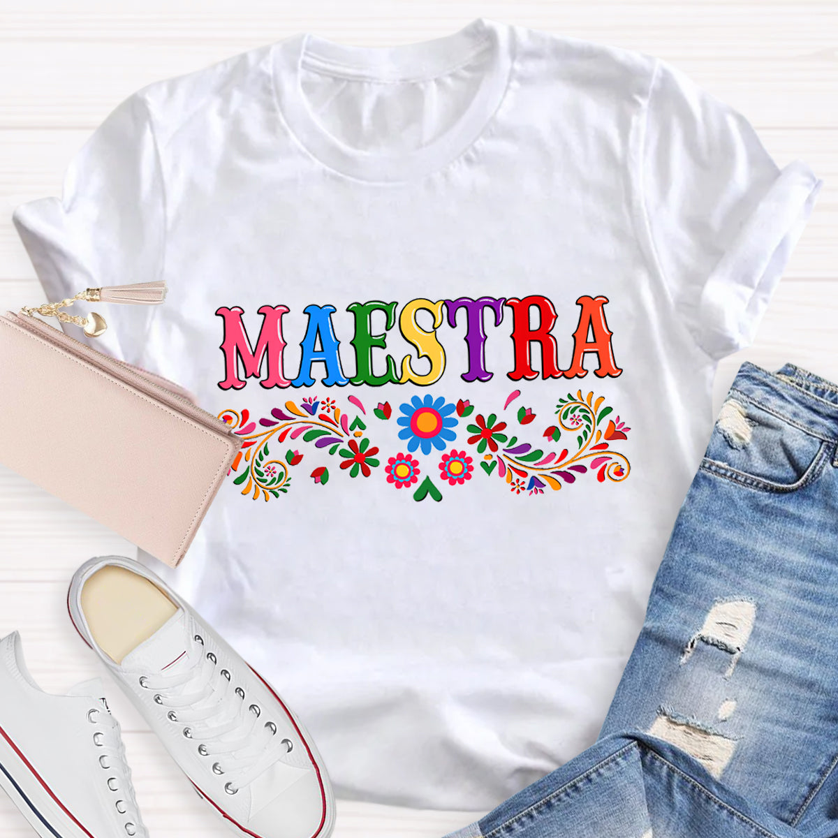 Maestra Blue Flower Teacher T-Shirt