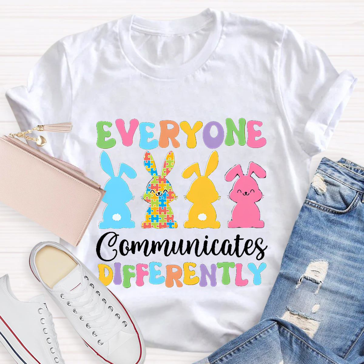 Everyone Communicates Differently Bunny Teacher T-Shirt