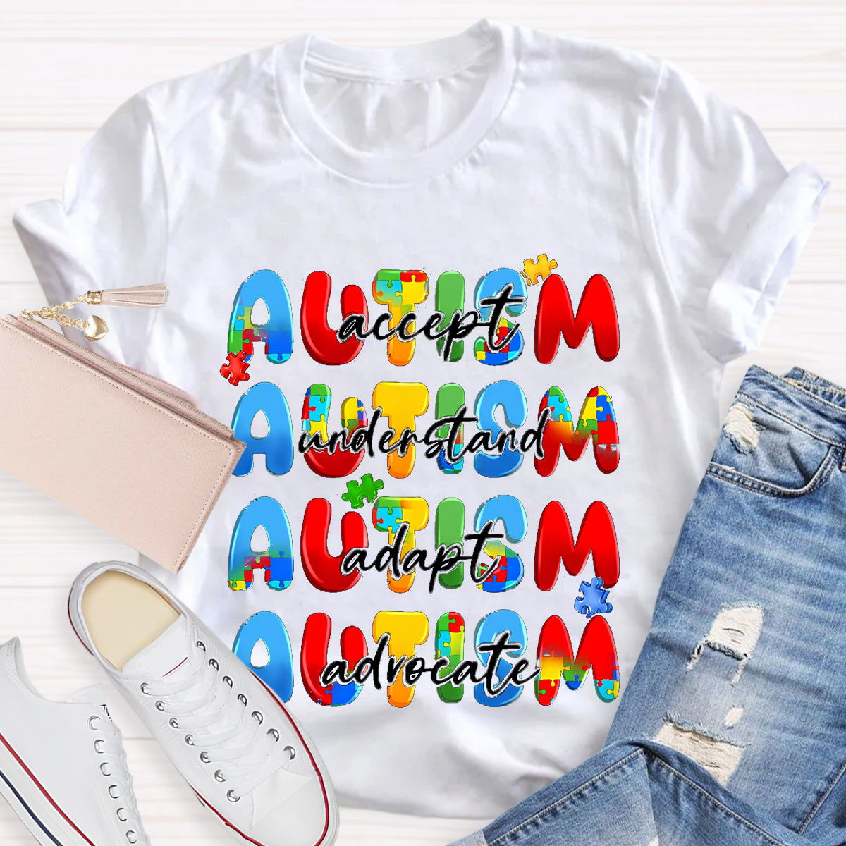 Autism Accept Advocate Adapt Teacher T-Shirt
