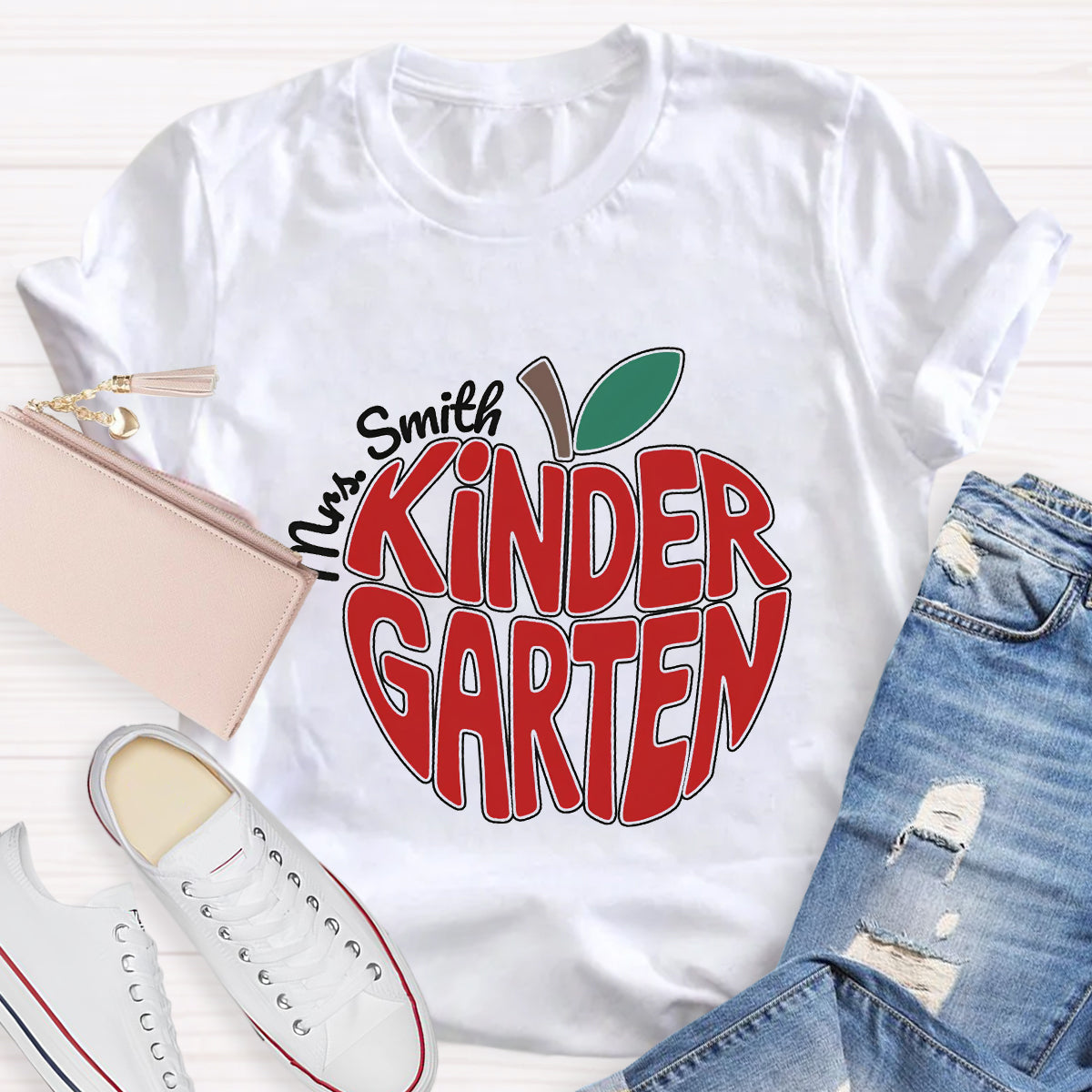 Personalized Kinder Garden Teacher Name Red Apple T-Shirt