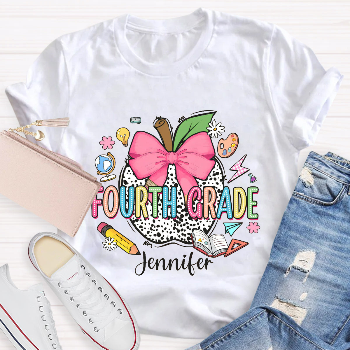 Personalized Teacher Name And Grade leopard print Apple T-Shirt