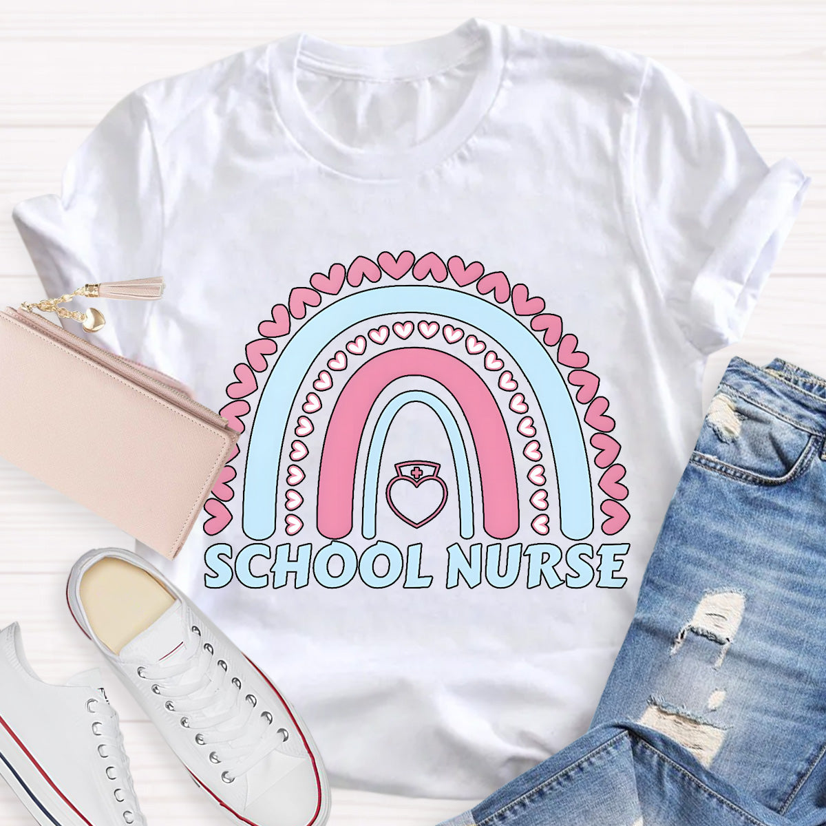 School Nurse Rainbow Pink Heart T-Shirt