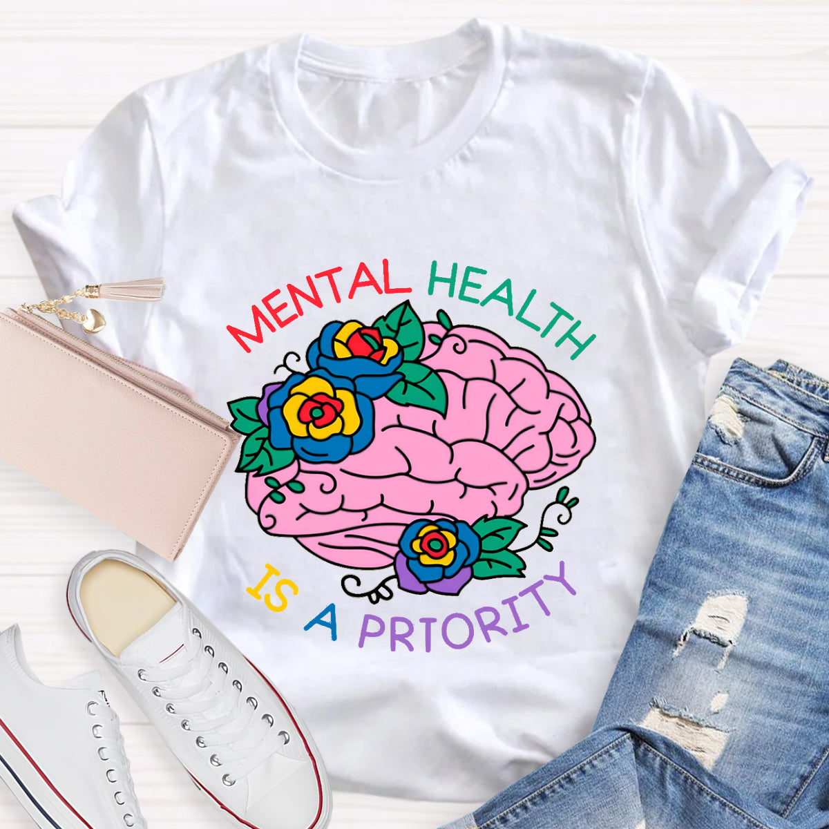 Mental Heath Is A Priority Floral Brain T-Shirt