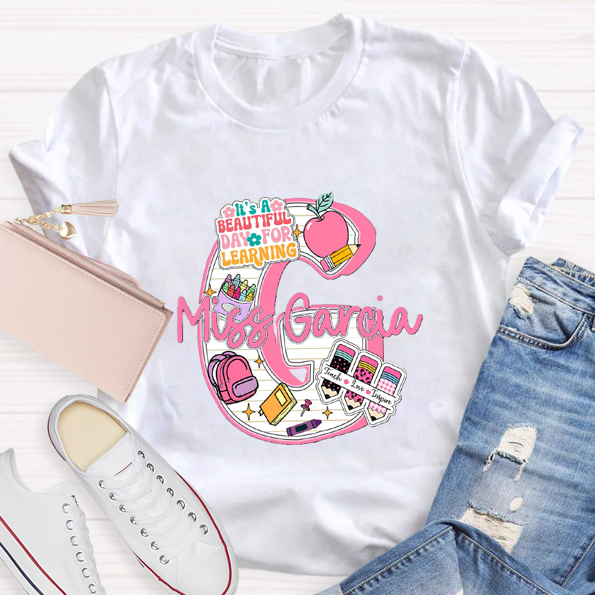 Personalized Name It's A Beautiful Day For Learning Teacher T-Shirt