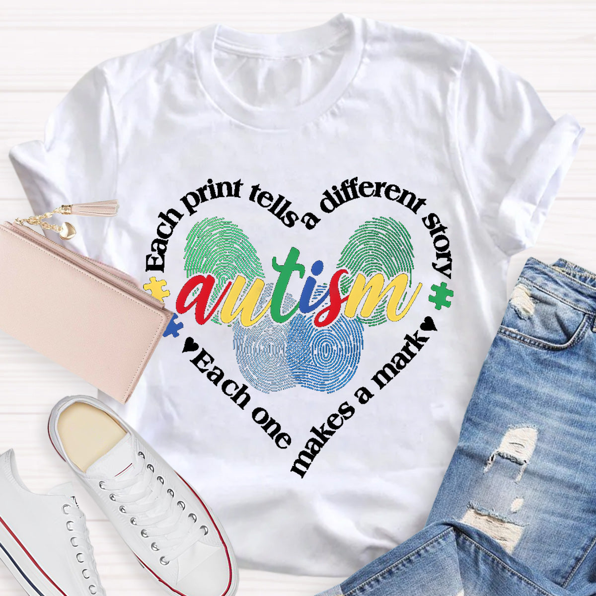 Each Print Tells A Different Story Autism Heart Teacher T-Shirt