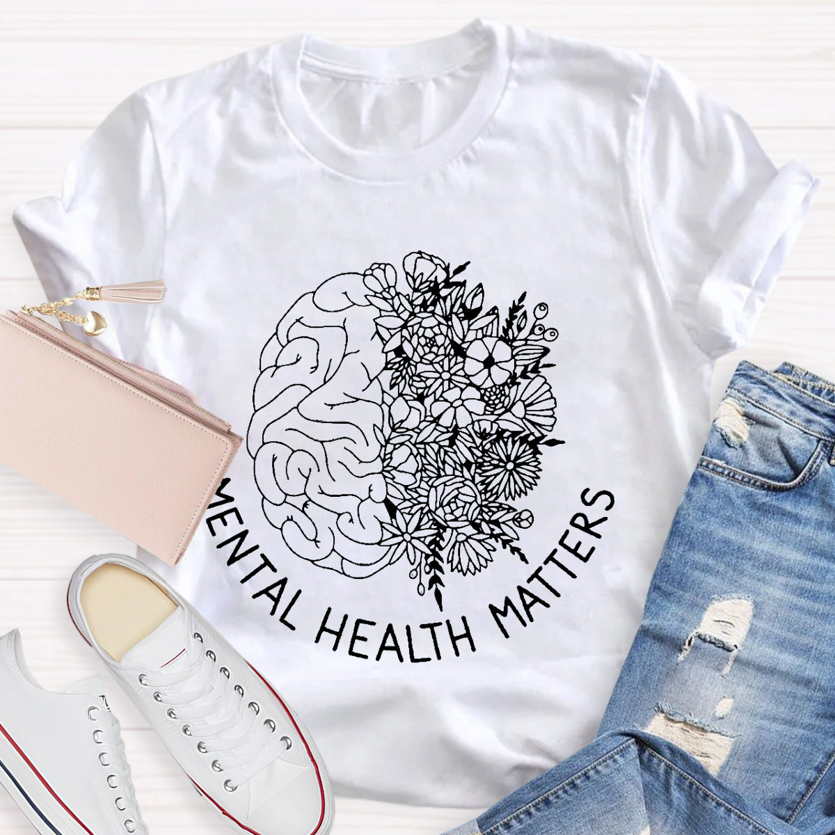 Floral Brain Mental Health Matters Teacher T-Shirt