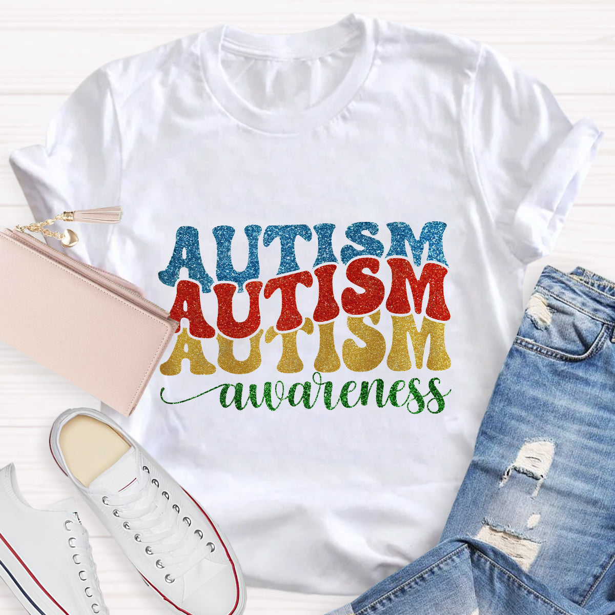 Rainbow Colors Glitter Autism Awareness T-Shirt