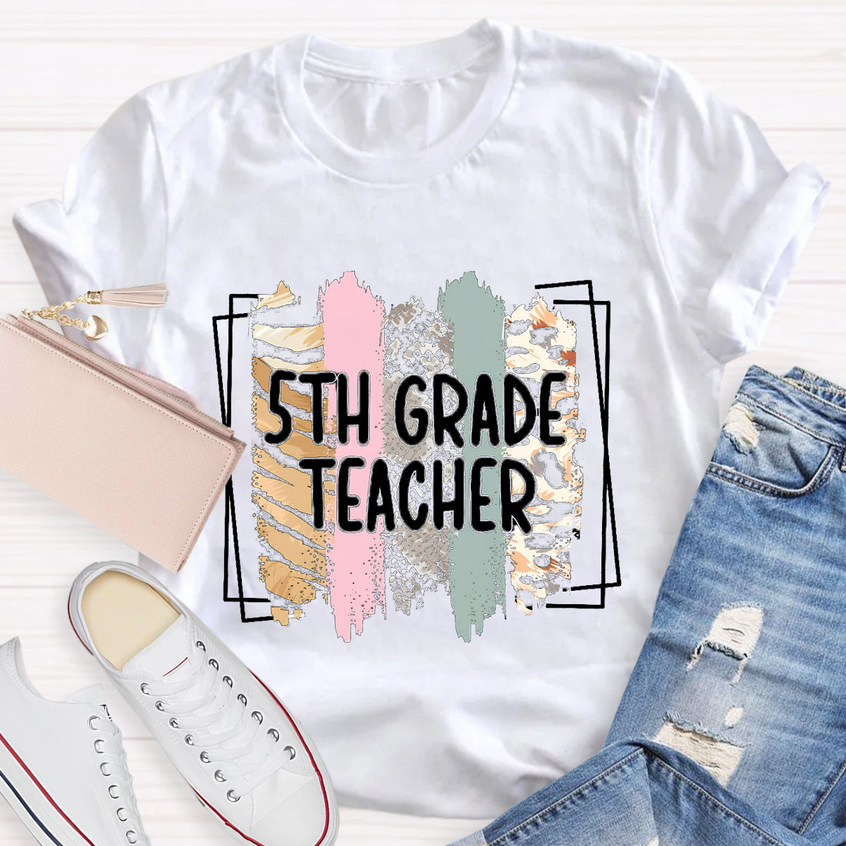 Personalized Grade Color Block 5th Grade Teacher T-Shirt
