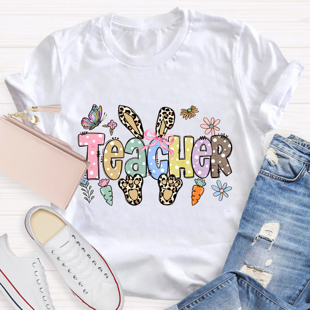 Leopard Happy Easter Bunny Teacher T-Shirt