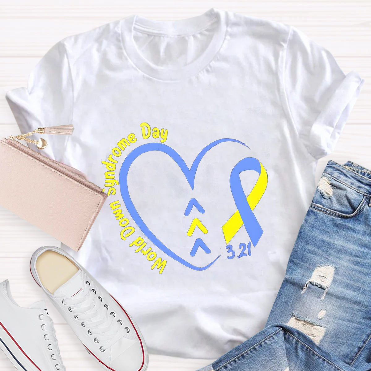 Down Syndrome Day Blue Heart Teacher T-Shirt