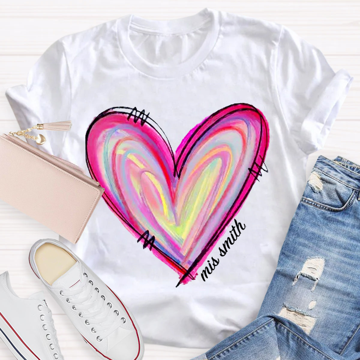 Personalized Name Art Painted Heart Teacher T-Shirt