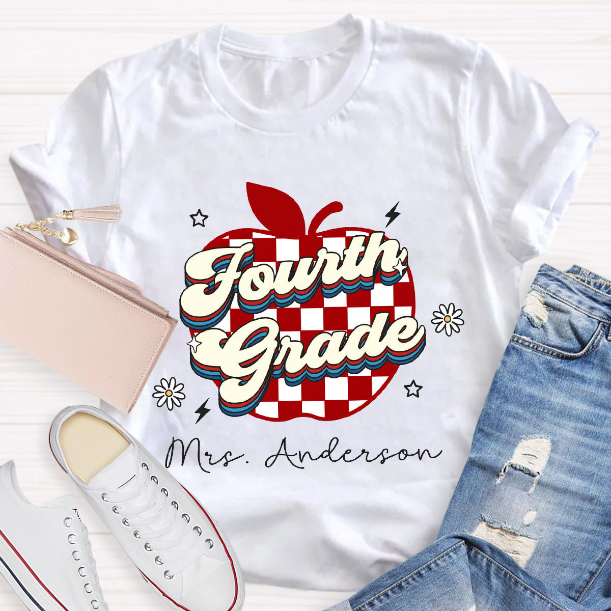 Personalized Grade And Name Apple Chessboard Pattern T-Shirt