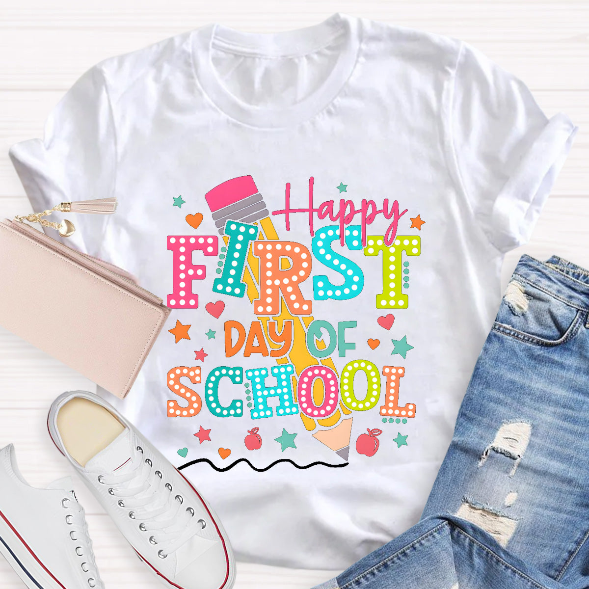Pencil Dot Happy First Day Of School Teacher T-Shirt
