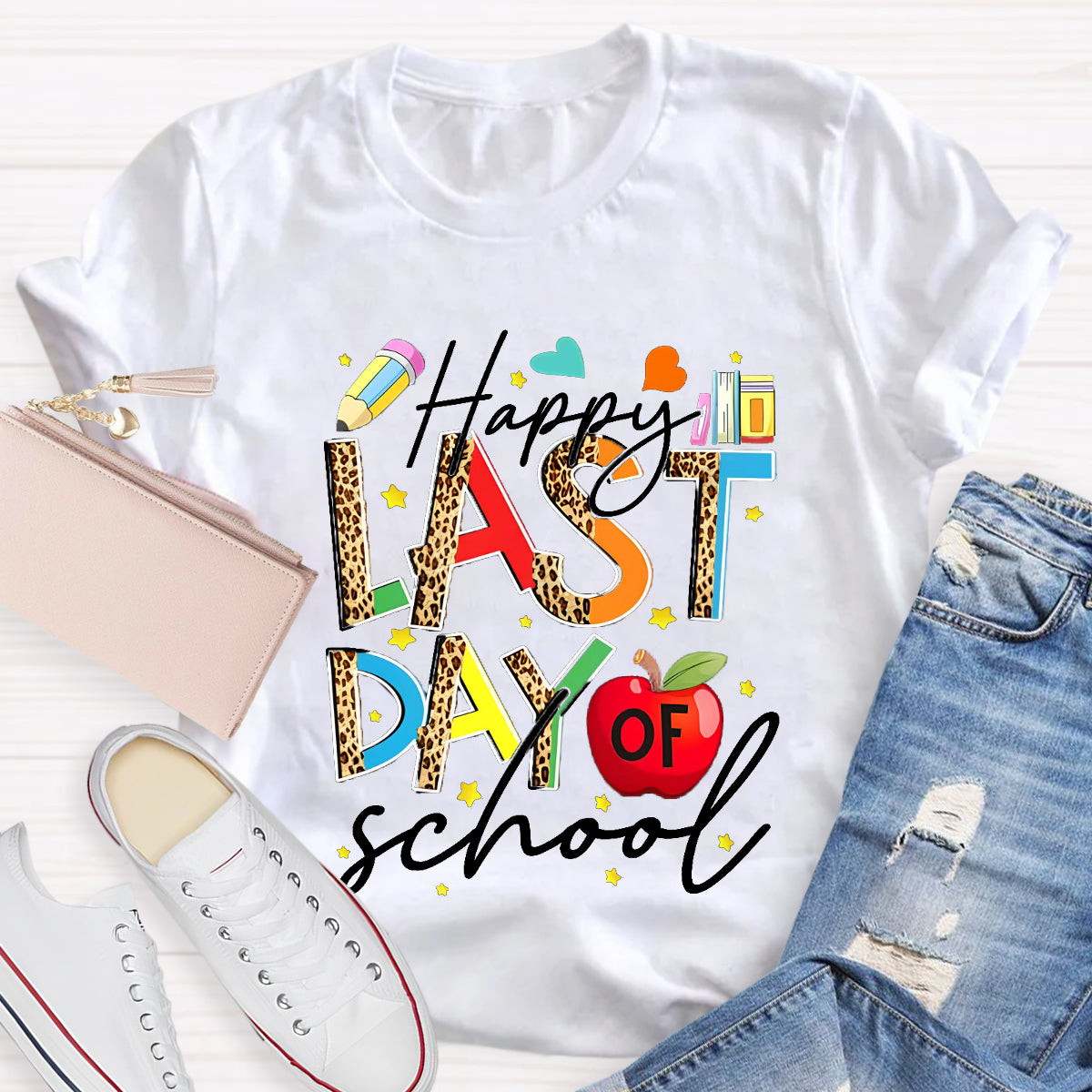 Happy Last Day Of School Leopard Printed Teacher T-Shirt