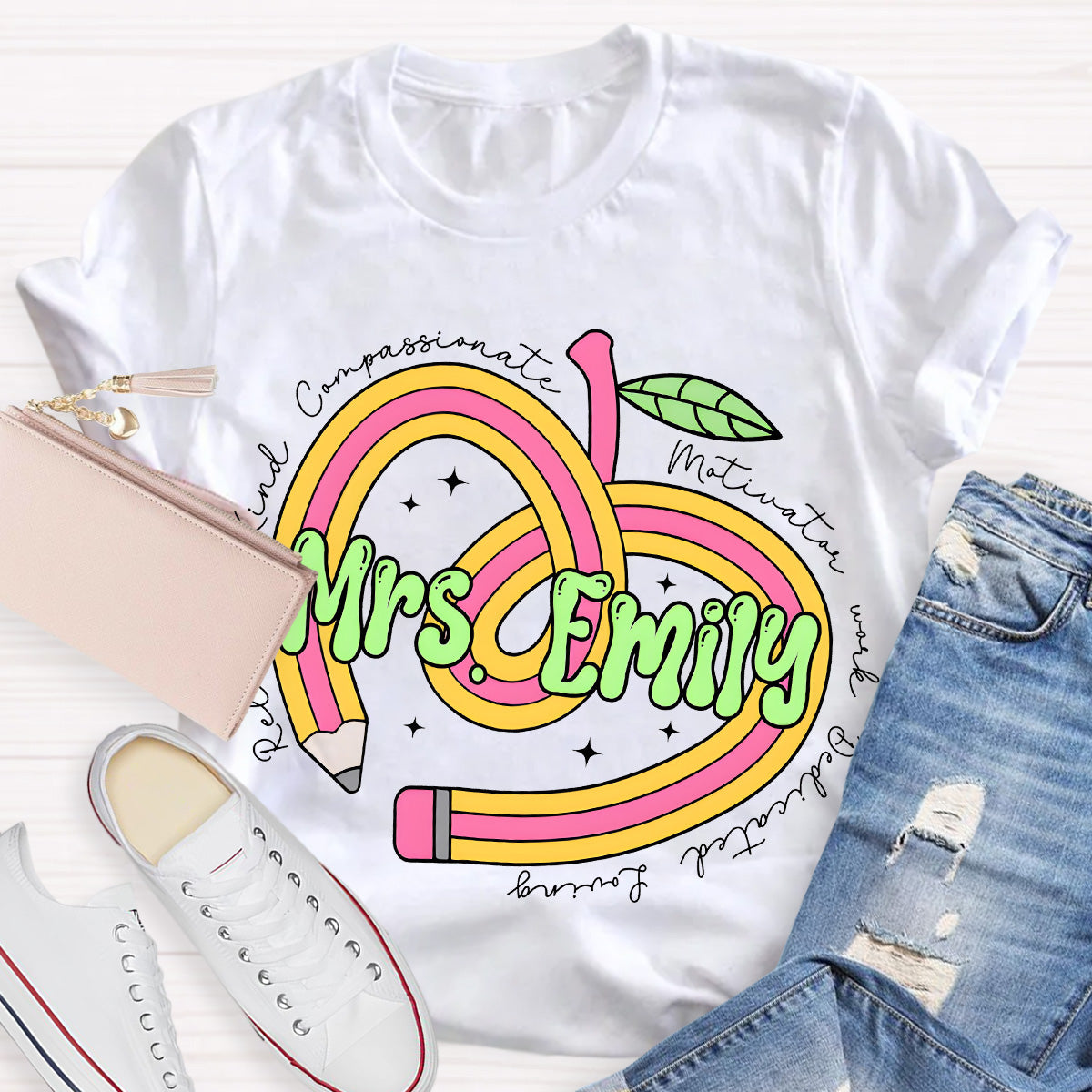 Personalize Name Reliable Kind Compassionate Pink Apple Teacher T-Shirt