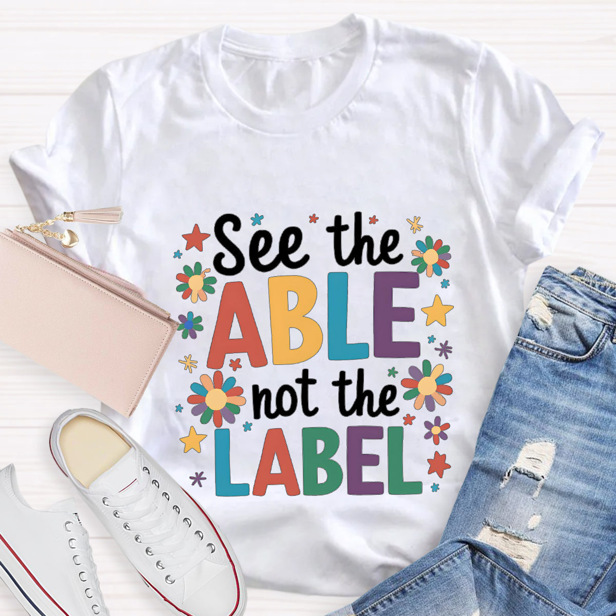 Floral See The Able Not the Label Teacher T-Shirt