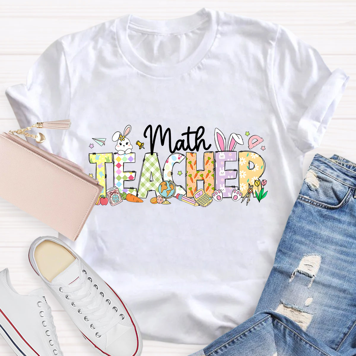 Happy Easter Math Teacher Pink Rabbits Teacher T-Shirt