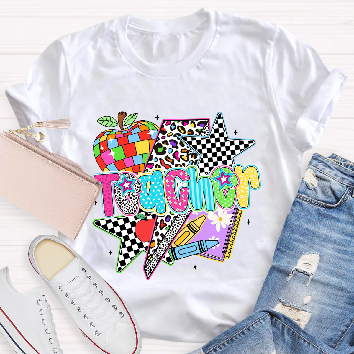 Colorful Leopard Apple Teacher  Back To School T-Shirt