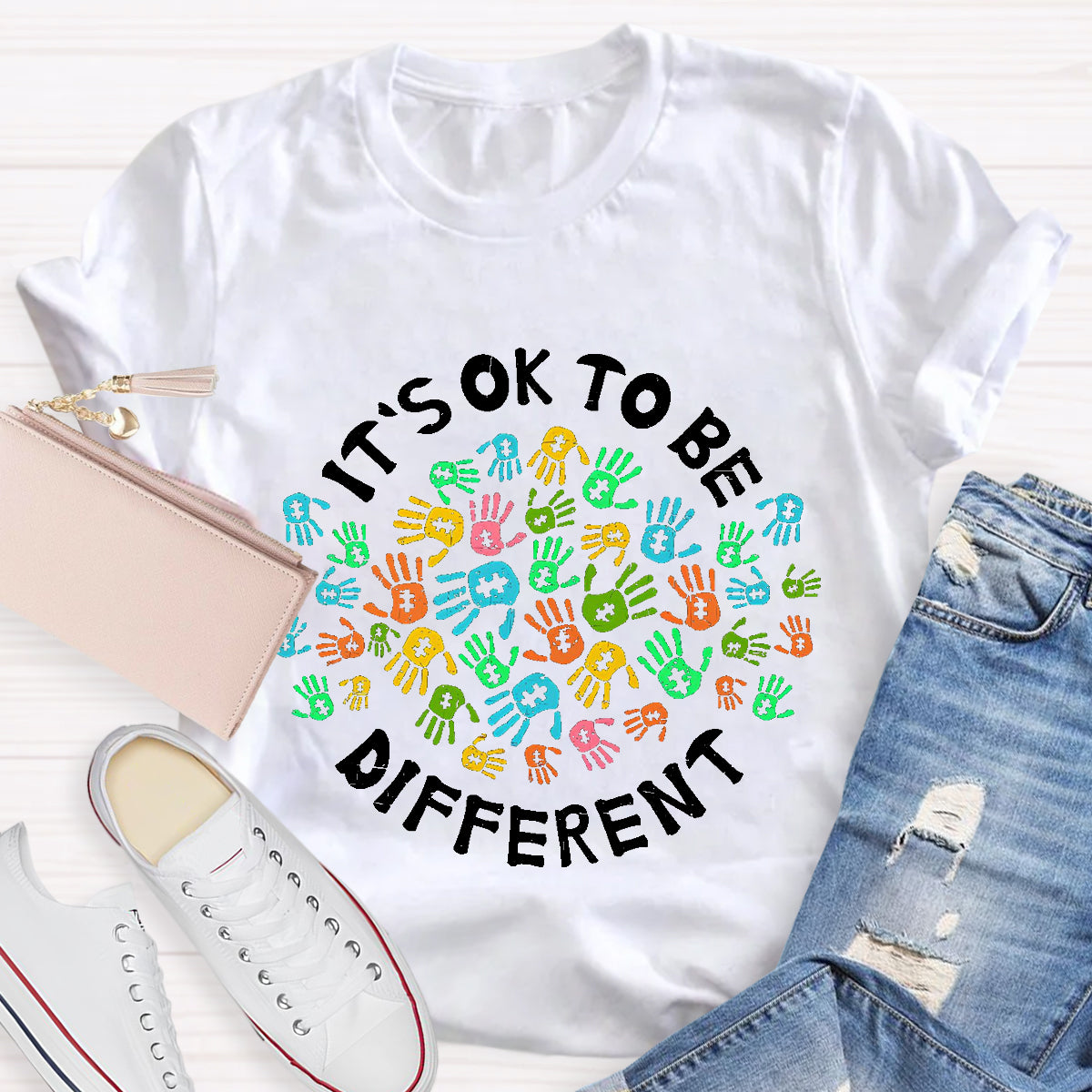 It'S Ok To Be Different Colorful Hands Teacher T-Shirt