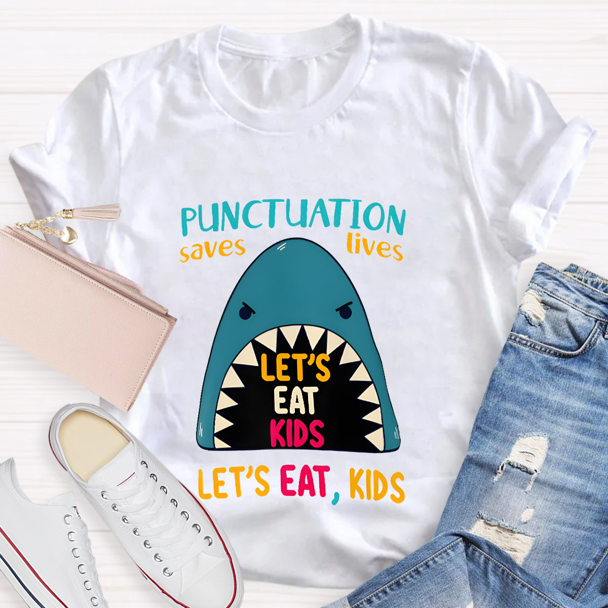 Punctuation Saves Lives The Blue Shark Teacher T-Shirt