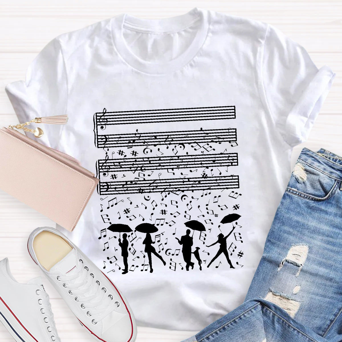 Dancing On The Rainy Night Under The Musical Notes Teacher T-Shirt