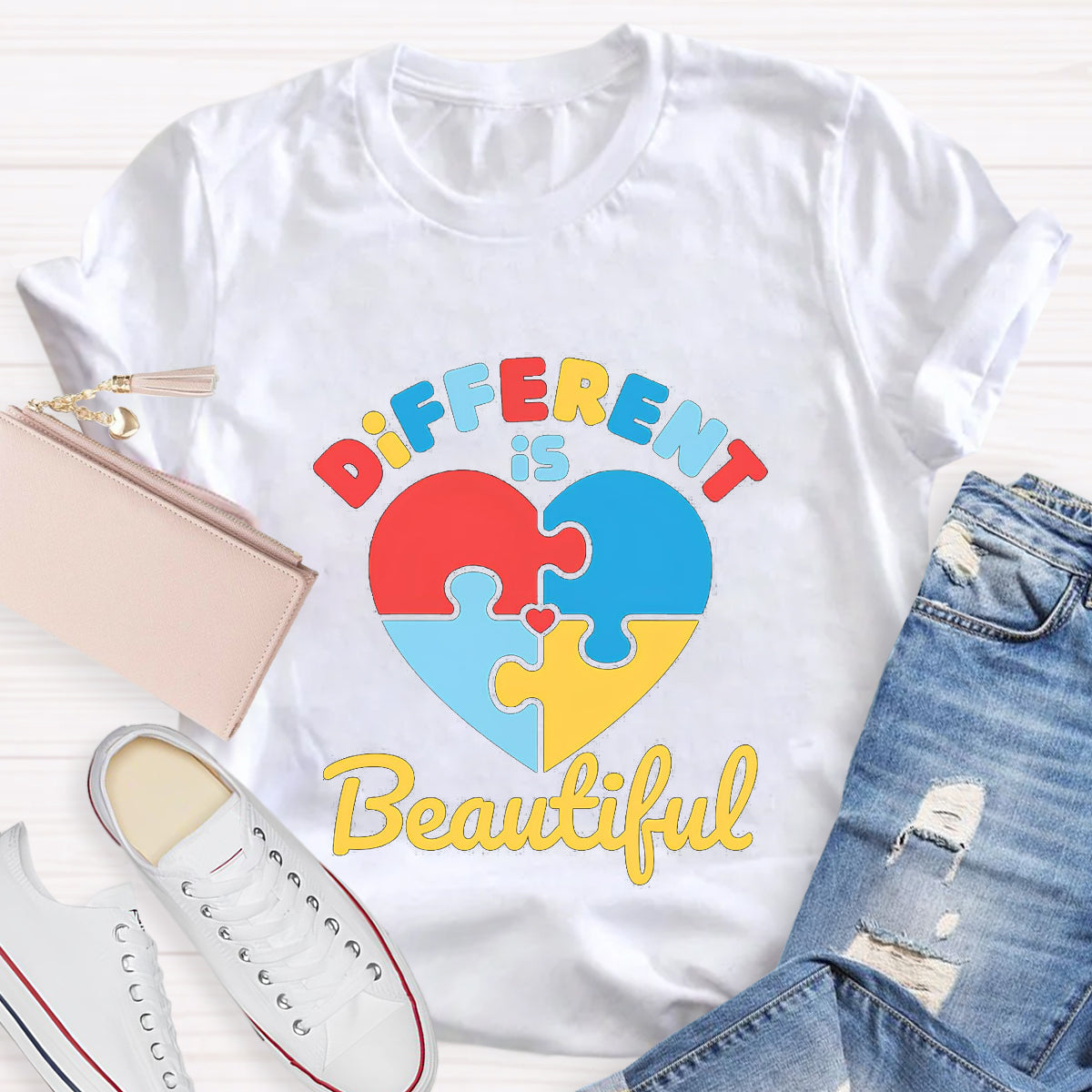 Different Is Beautiful Colorful Heart Teacher T-Shirt