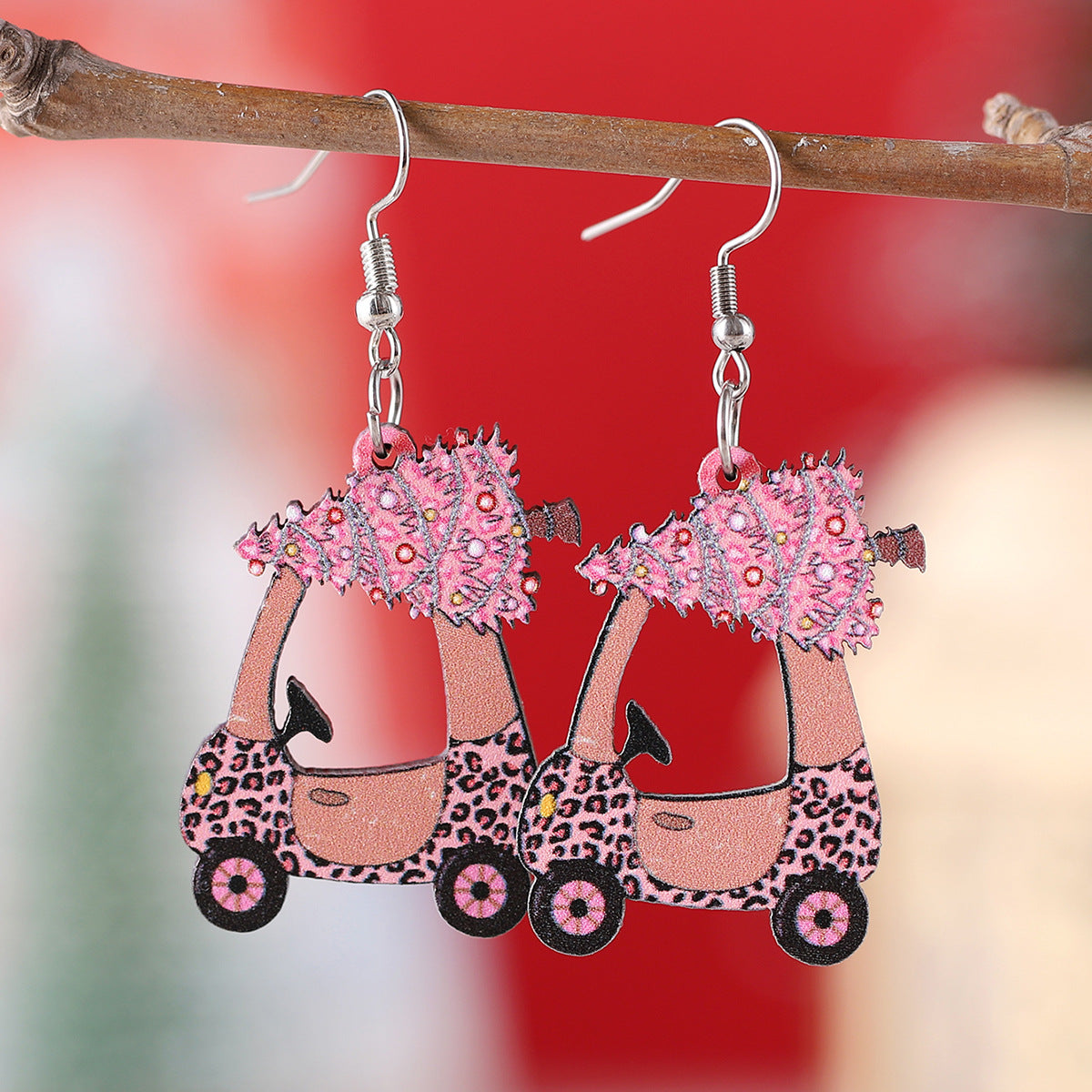 Hollow Pink Christmas Tree Leopard Print Car Pendant Earrings