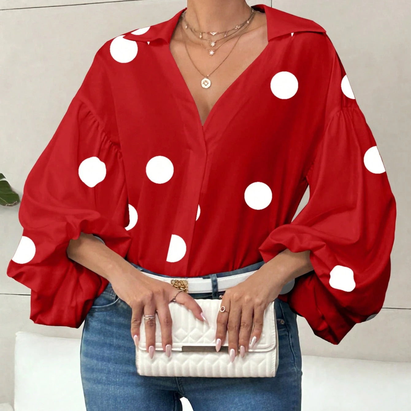 French Polka Dot Half-Open Collar Design Loose Puff Sleeve Shirt
