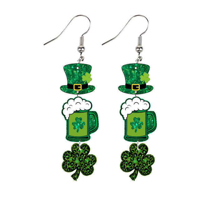Unique Green Acrylic Glitter Clover Lucky Charm Earrings