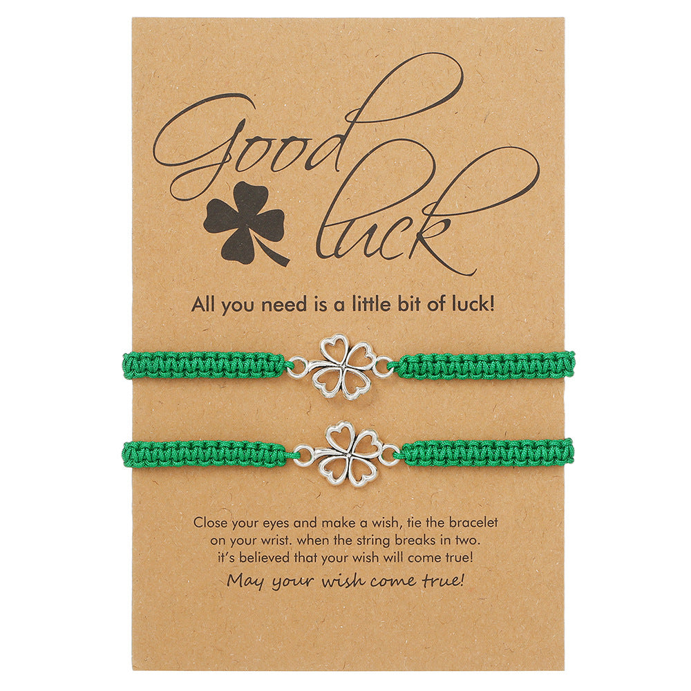 Lucky Four-Leaf Clover Bracelet With Green Braided Rope