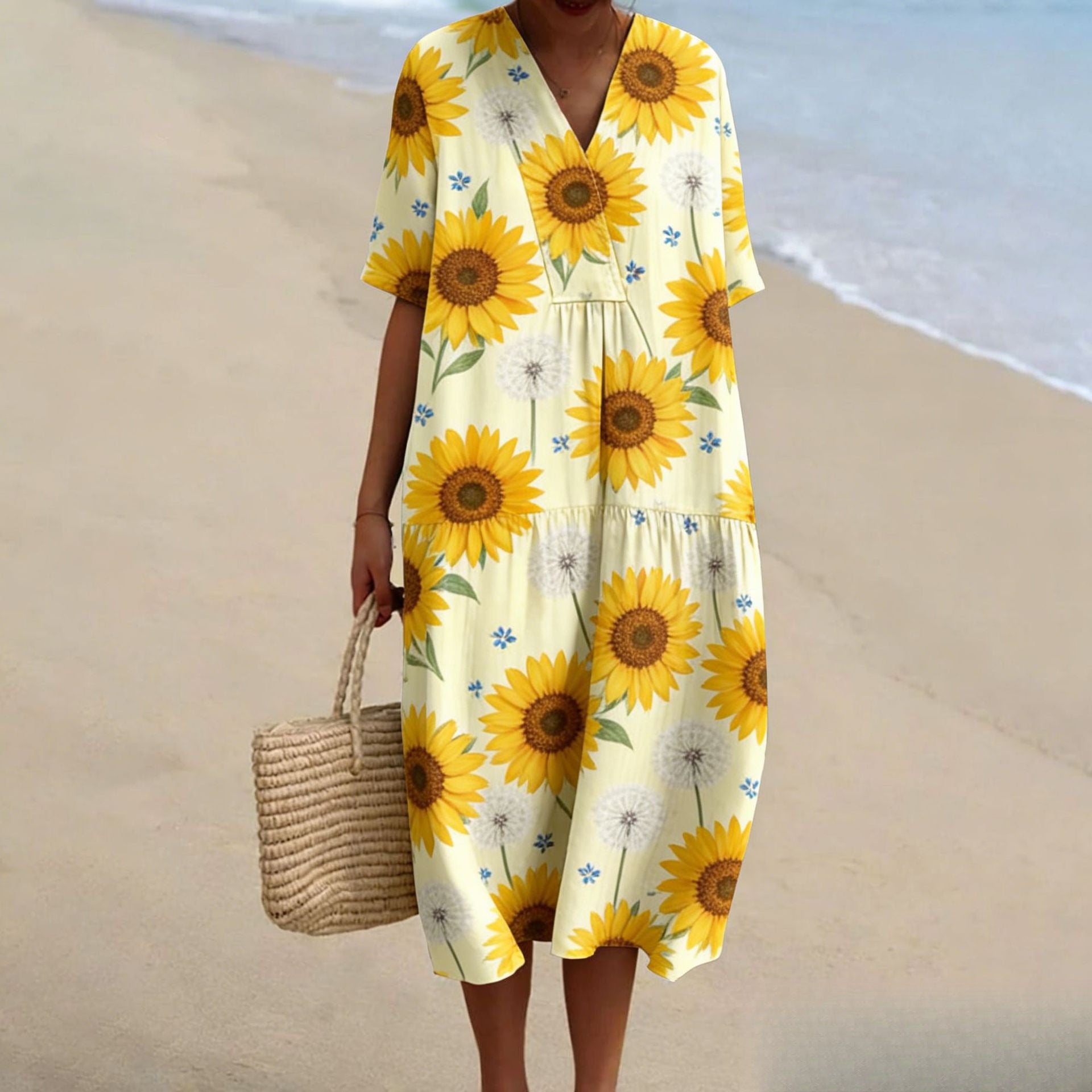 Sunflower Flower Teacher V-neck Resort Dress