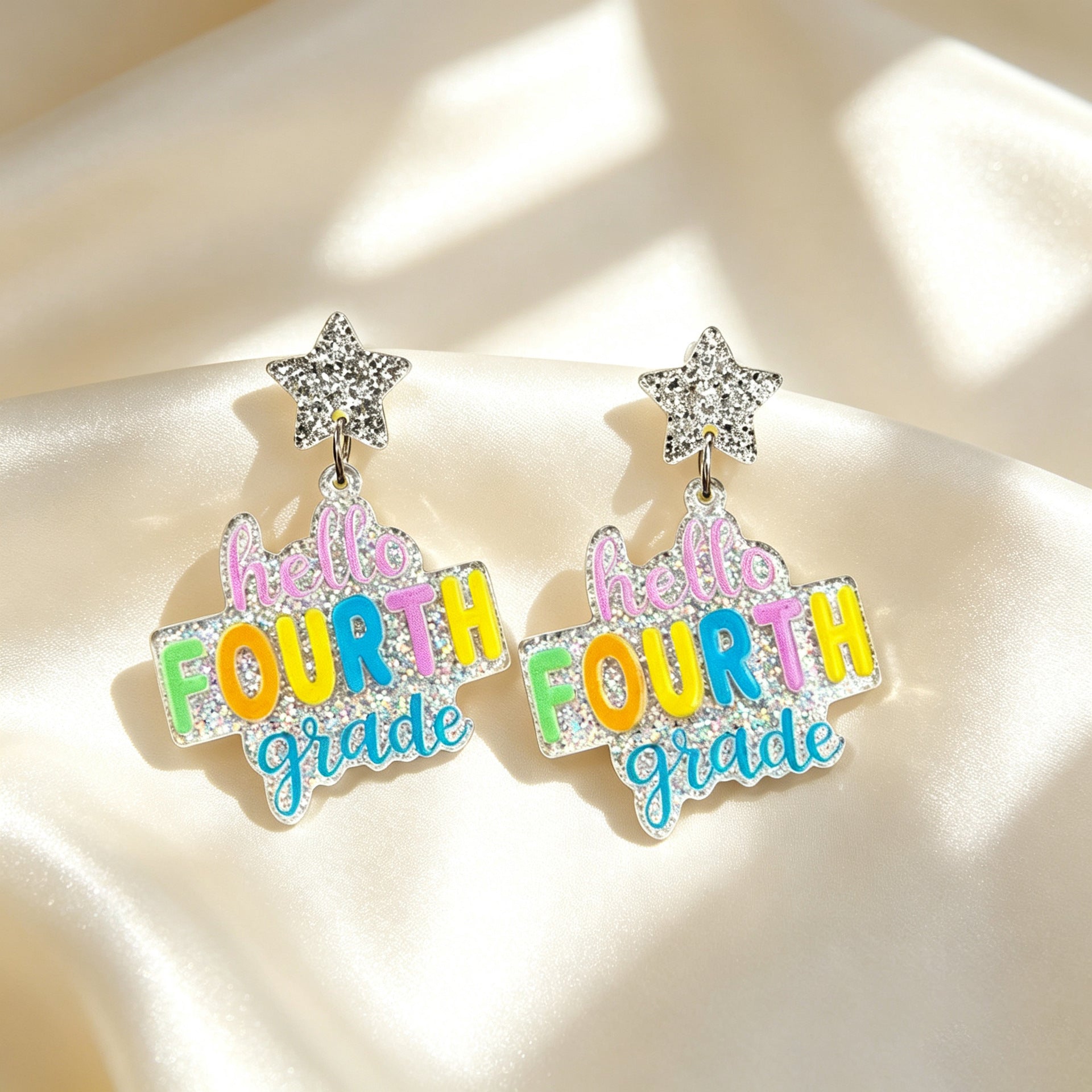 Back To School Rainbow Glitter Acrylic Earrings