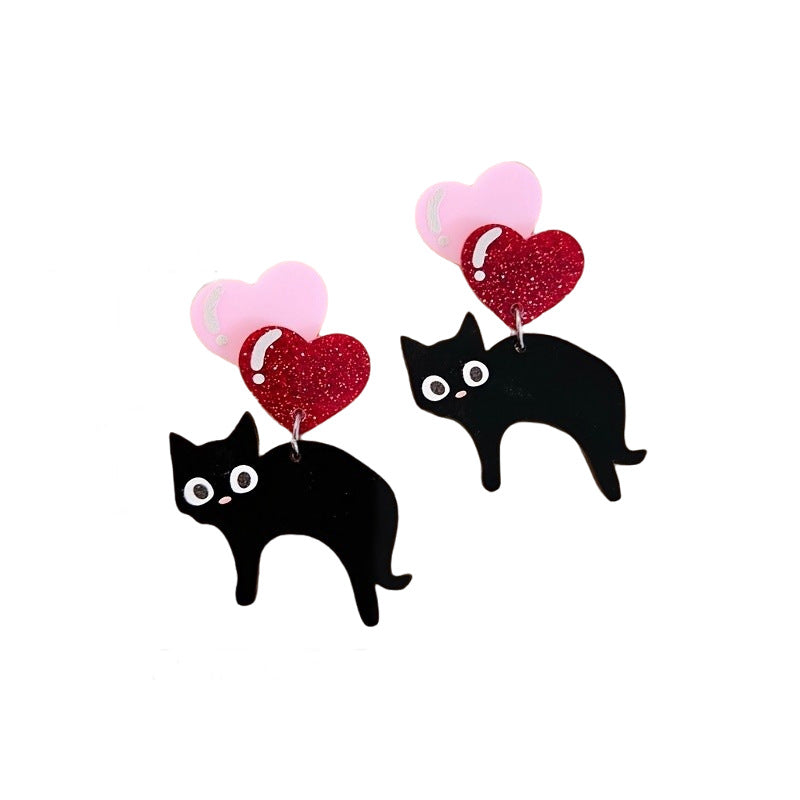 Heart-Shaped Balloons And Cute Black Cat Earrings