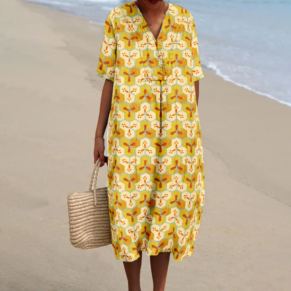 Yellow Geometric Patterned Teacher V-neck Resort Dress
