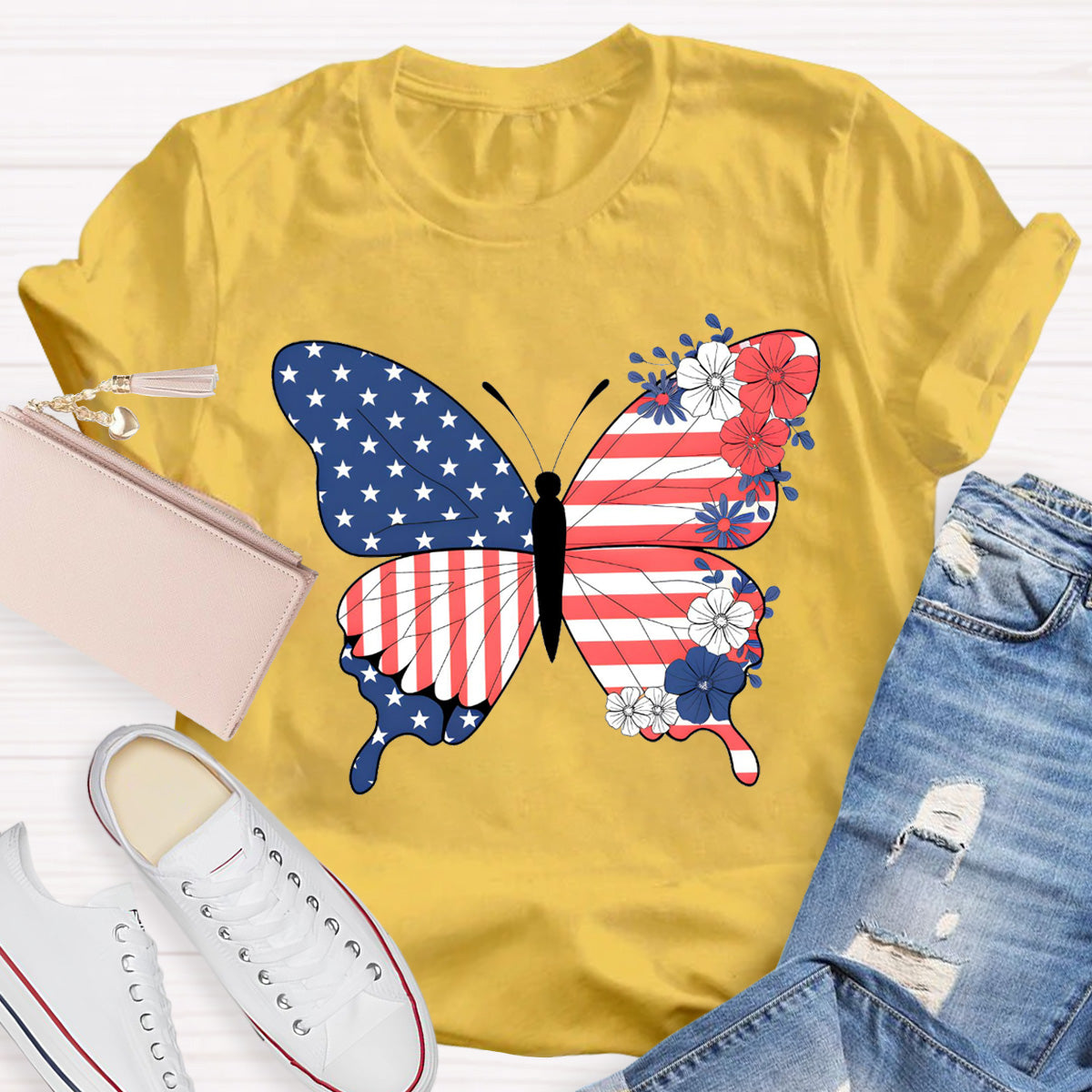 American Flag Butterfly Teacher T-Shirt