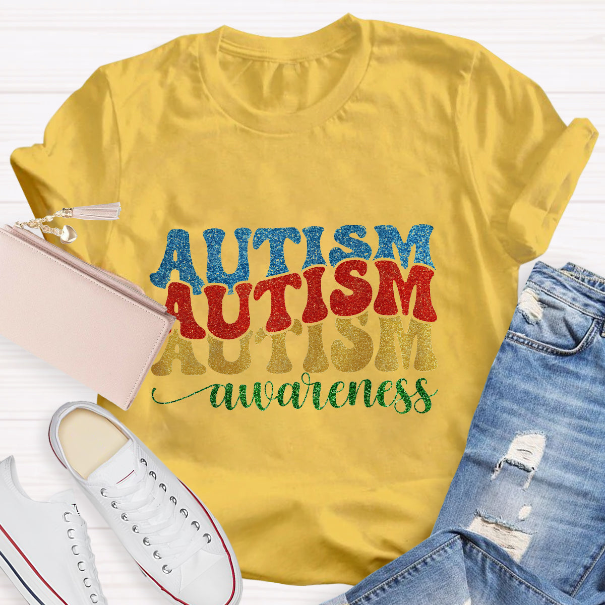 Rainbow Colors Glitter Autism Awareness T-Shirt