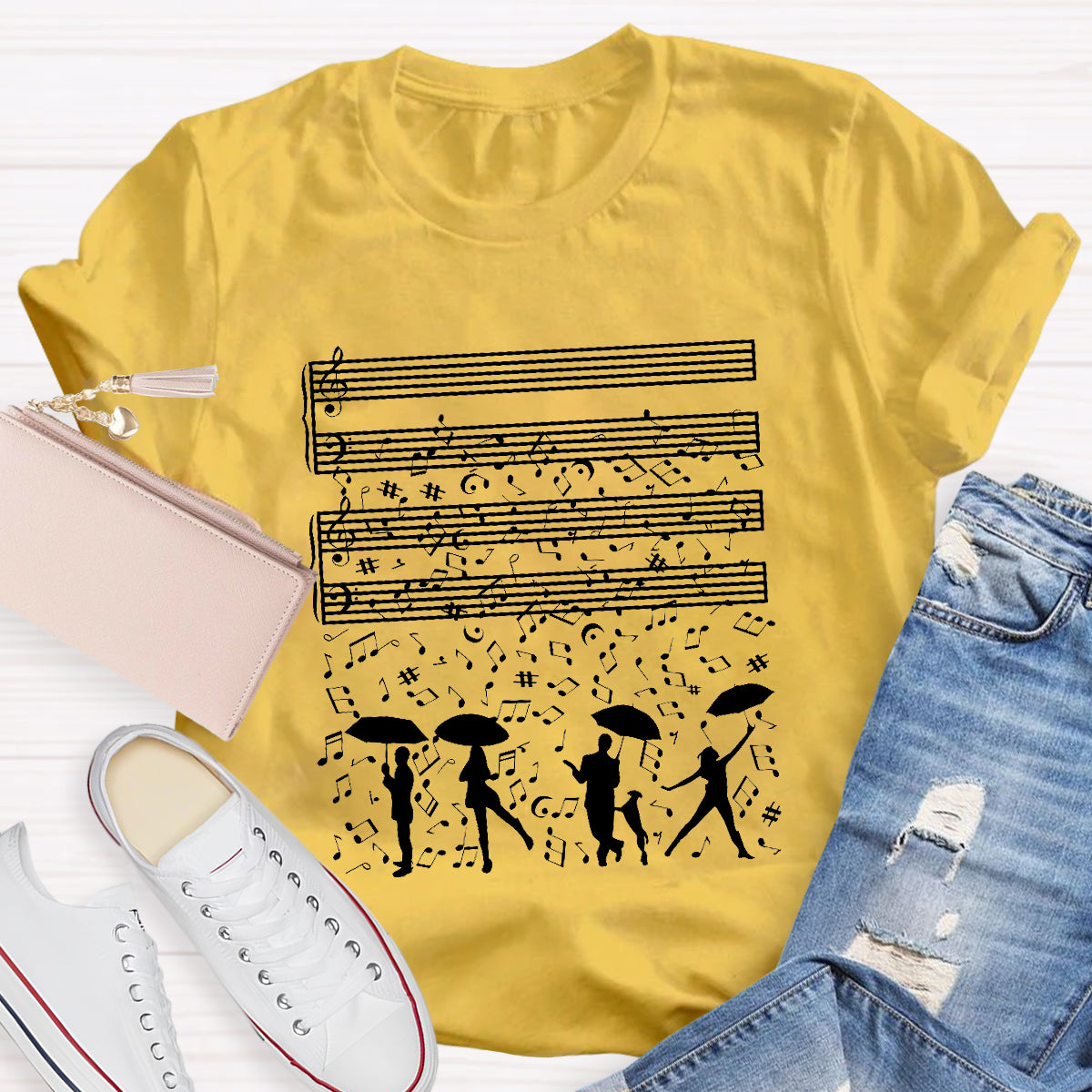 Dancing On The Rainy Night Under The Musical Notes Teacher T-Shirt