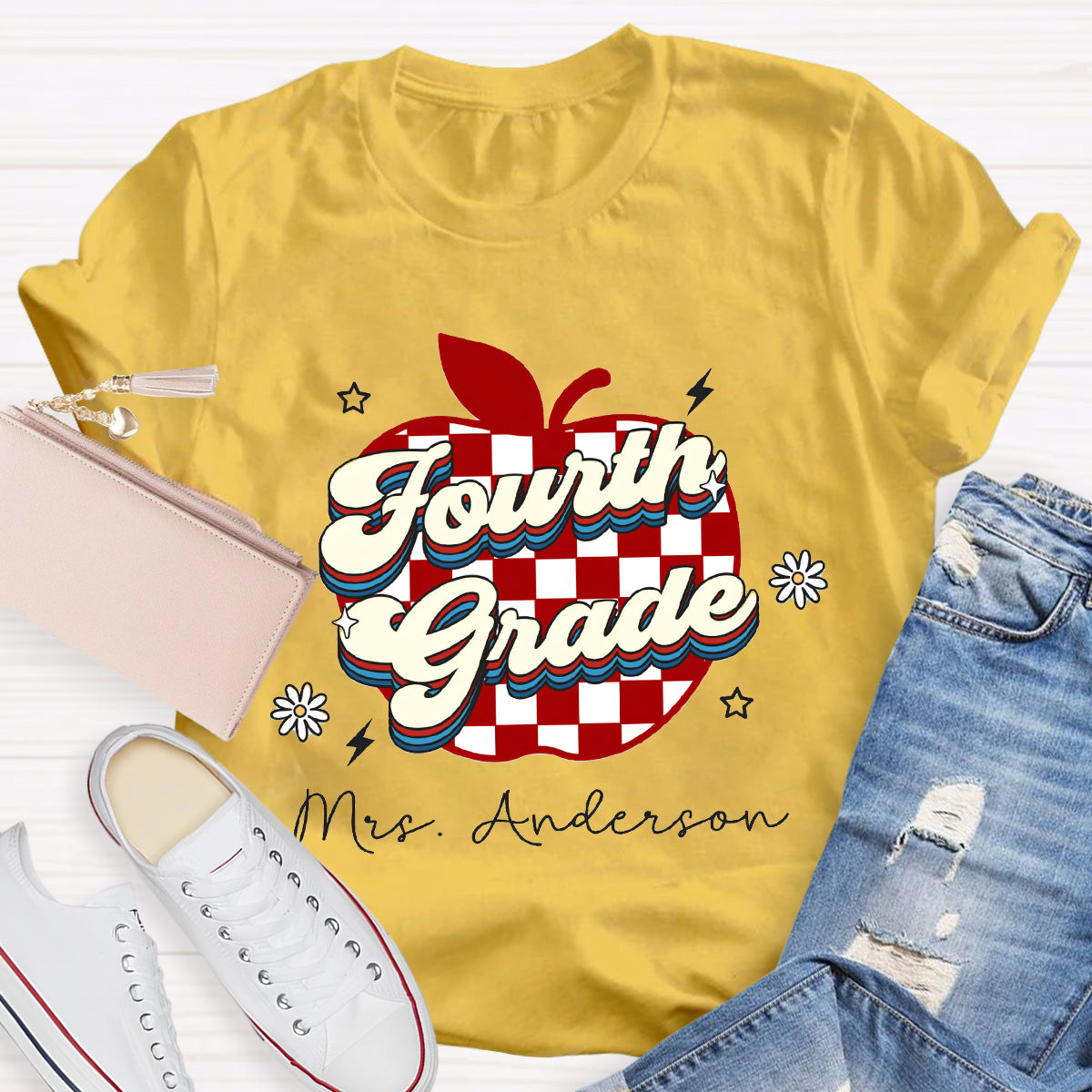 Personalized Grade And Name Apple Chessboard Pattern T-Shirt