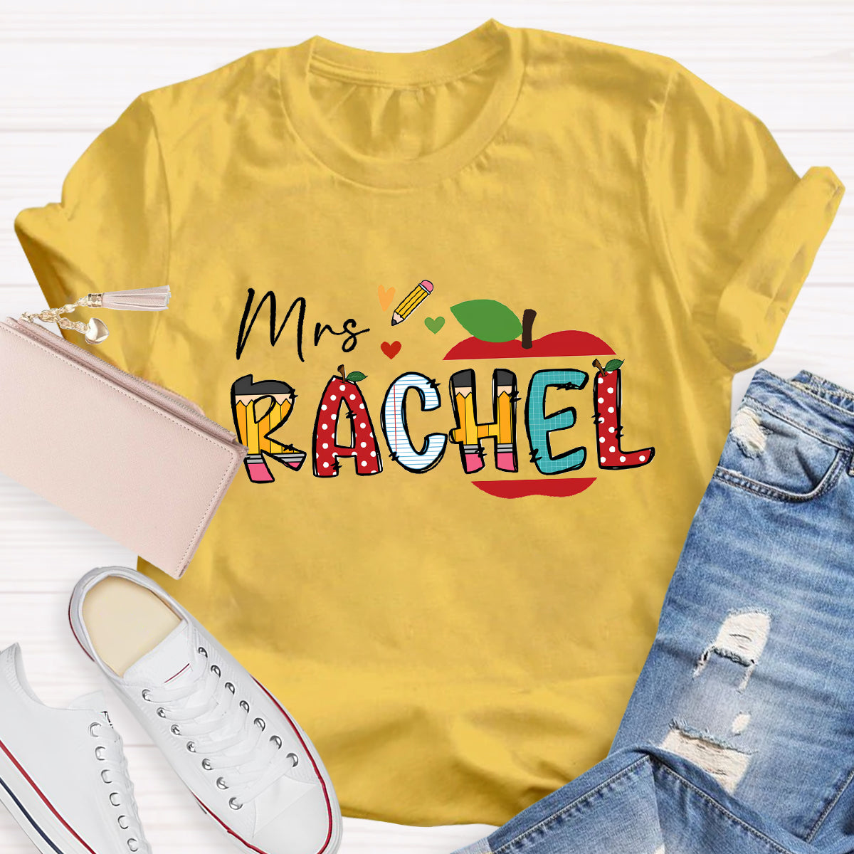 Personalized Teacher Name Apple Pencil Printed T-Shirt