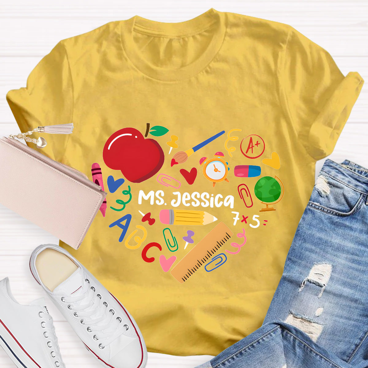 Personalized Name Apple And Heart Teacher T-Shirt