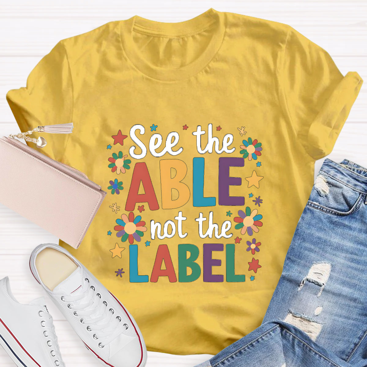Floral See The Able Not the Label Teacher T-Shirt