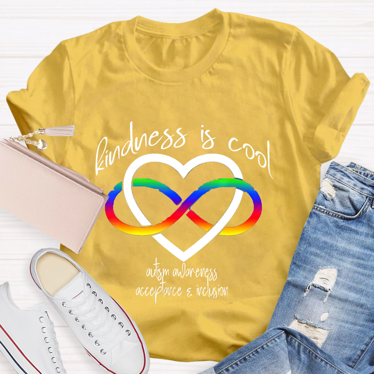Kindness is Cool Autism Infinity Heart Rainbow T-Shirt