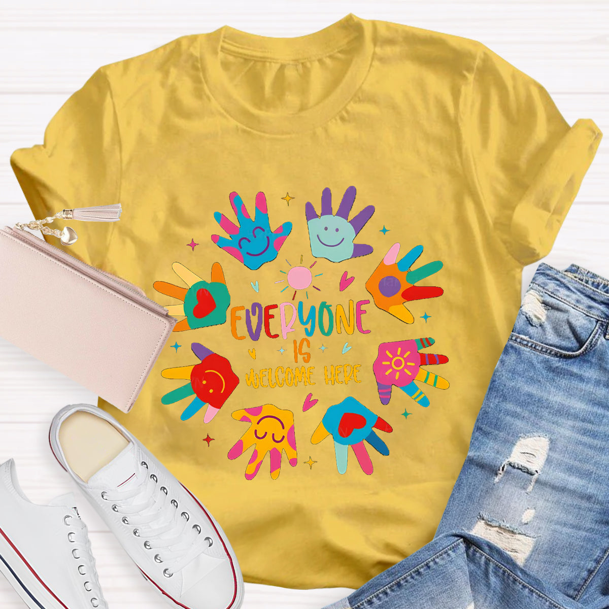 Everyone Is Welcome Here Colorful Hands Teacher T-Shirt