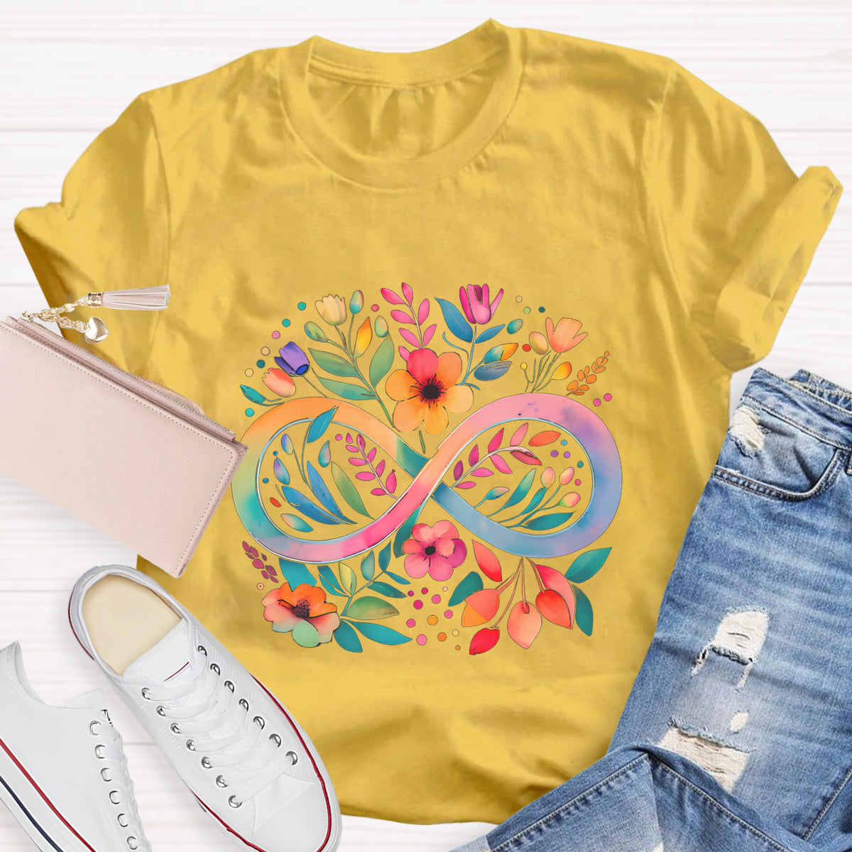 Rainbow Infinity Watercolor Flowers Teacher T-Shirt