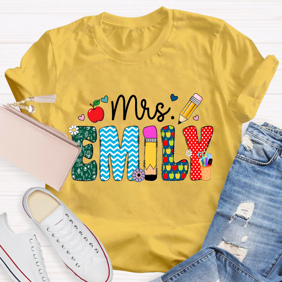 Personalized Name Beautiful Flower Emily Teacher T-Shirt