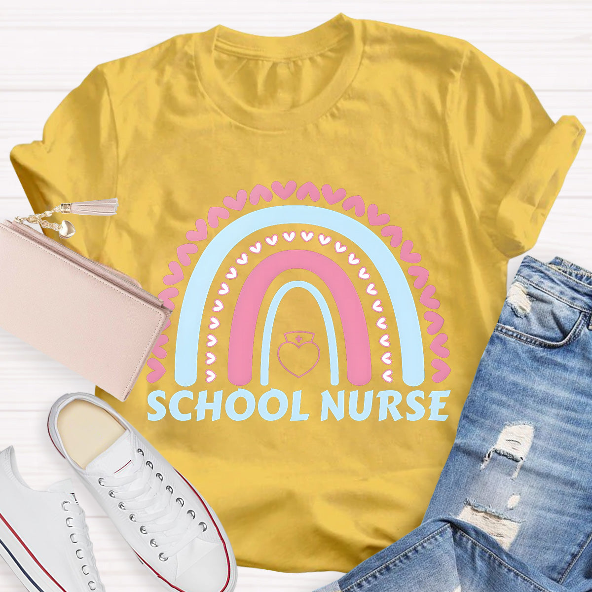 School Nurse Rainbow Pink Heart T-Shirt