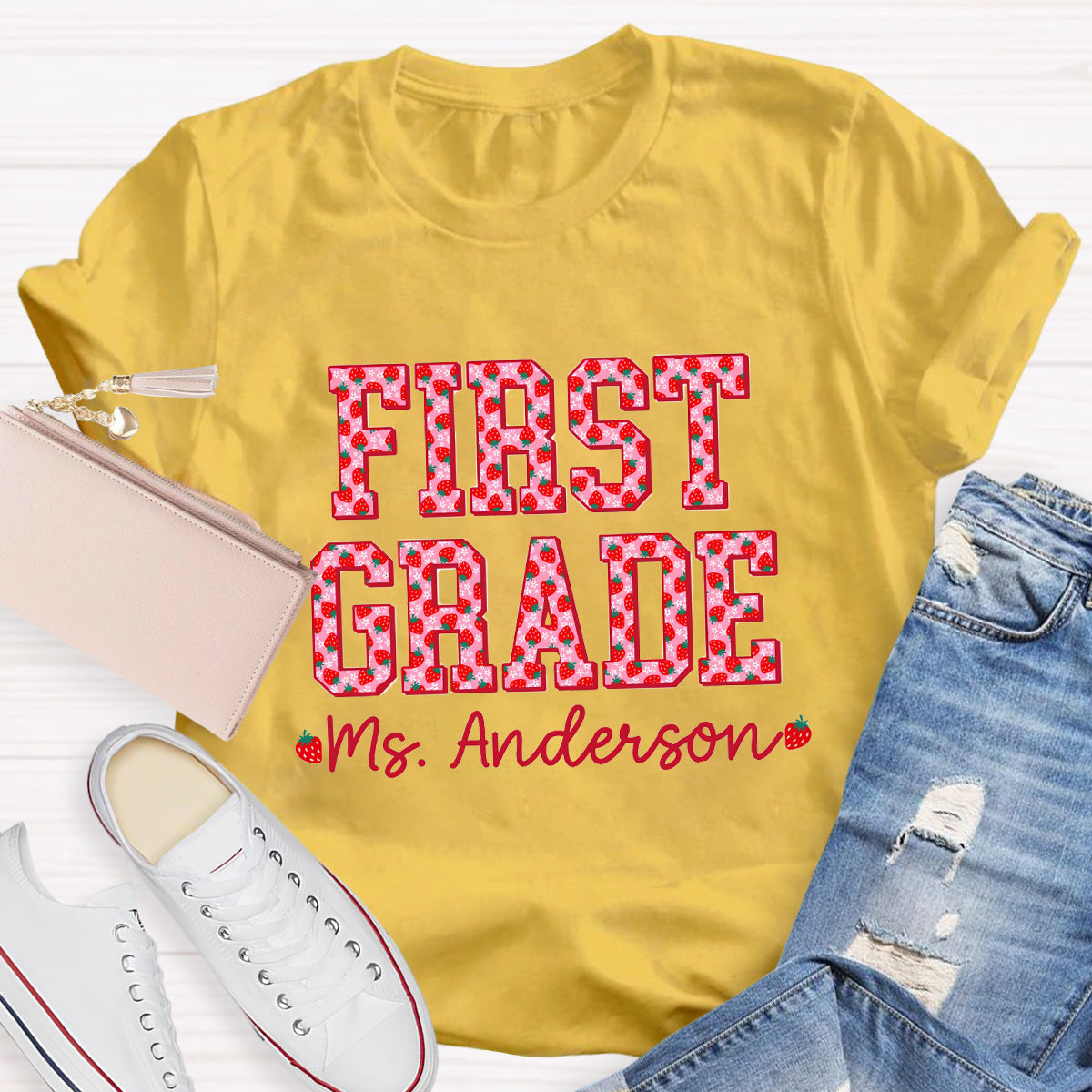 Personalized Grade And Name Strawberry Printed Teacher T-Shirt