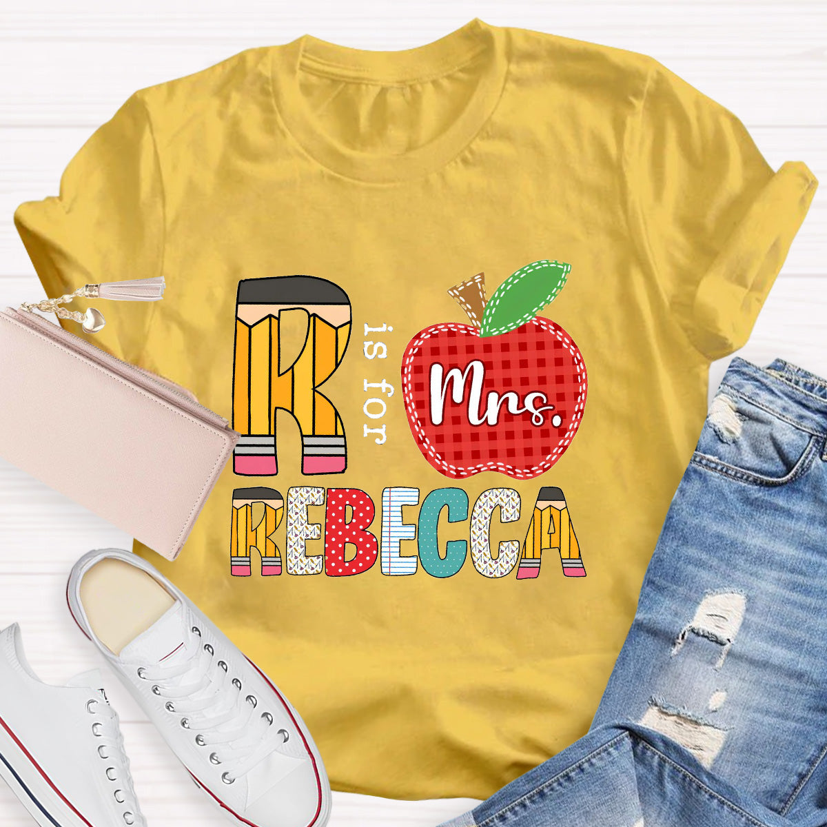 Personalized Name Red Apple R Is For Rebecca Teacher T-Shirt