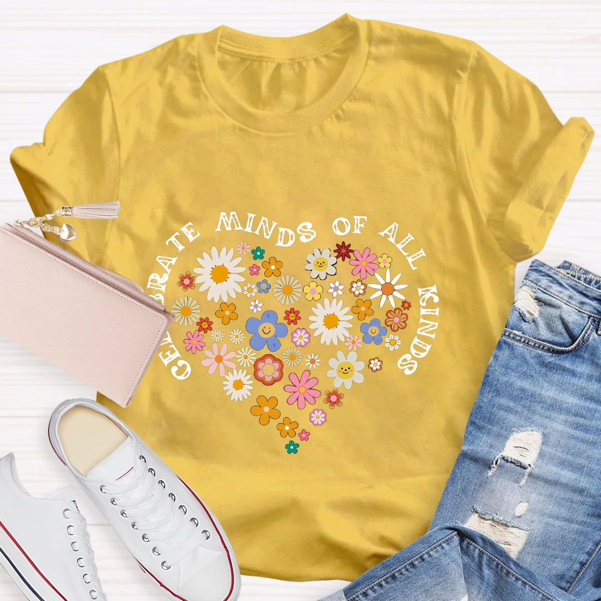 Celebrate Minds of All Kinds Floral Heart T-Shirt