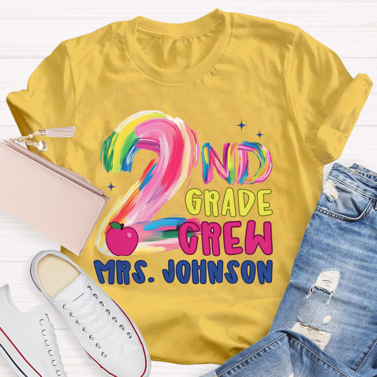 Personalized Grade And Name Pink Apple Teacher T-Shirt